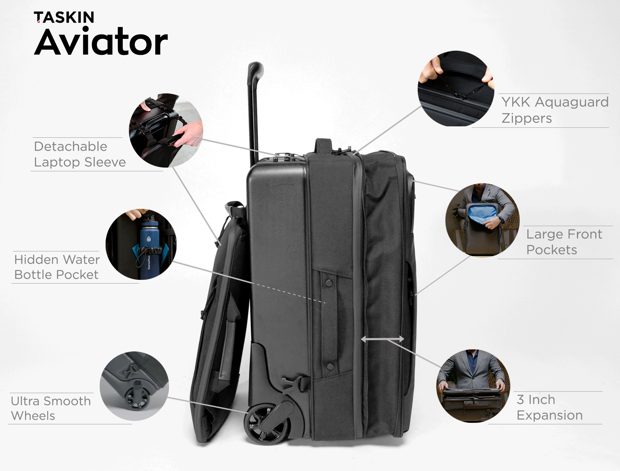 Taskin Aviator | Two Wheel Carry On Luggage Expandable w/ Detachable Laptop Sleeve